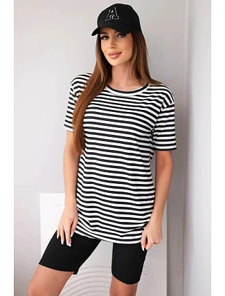 Dámský viskózový pruhovaný komplet s krátkým rukávem a šortkami černý