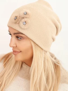 Dámská čepice s ozdobnými kožešinovými květy elegantní camelová