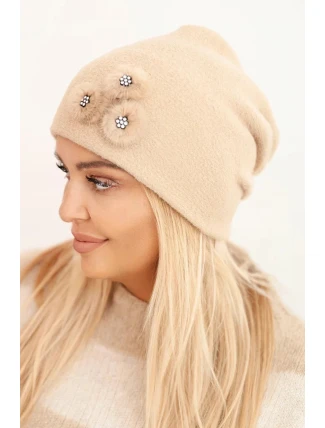 Dámská čepice s ozdobnými kožešinovými květy elegantní camelová