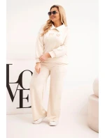 Dámská souprava máslíčko Plus Size s širokými nohavicemi a límečkem béžová