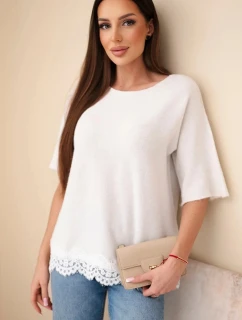 Dámský svetr s krátkým rukávem a krajkou béžový