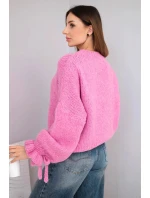 Dámský svetr s přídavkem mohéru s hrubým pletením a ozdobnými rukávy růžový