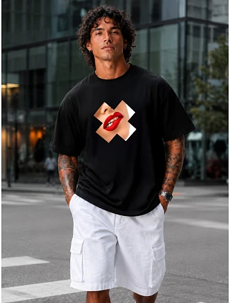 Pánské bavlněné tričko oversize s potiskem černé FashionStreet NX1009R Pánské bavlněné tričko oversize s potiskem černé FashionStreet NX1009R