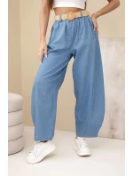 Dámské kalhoty se širokou nohavicí a páskem světle džínové