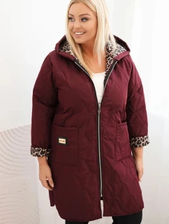 Dámská zimní prošívaná bunda Plus Size s podšívkou v leopardím vzoru a kapucí bordová