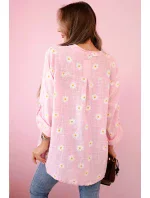 Lněná dámská halenka s květinovým vzorem, dlouhými rukávy a knoflíky Cukrová růžová
