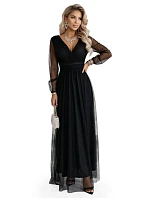 664-3 Dlouhé maxi šaty s tylovými rukávy a obálkovým výstřihem - černé