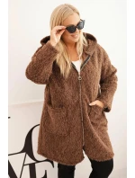 Dámský kabát Plus Size z viskózy na zip s kapucí hnědý Dámský kabát Plus Size z viskózy na zip s kapucí hnědý