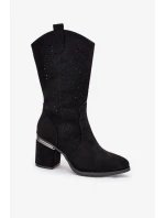 Dámské perforované kozačky do poloviny lýtka ve stylu kovbojek S.Barski – černé, eko kůže