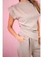 Komplet asymetrická halenka + kalhoty tmavě béžová