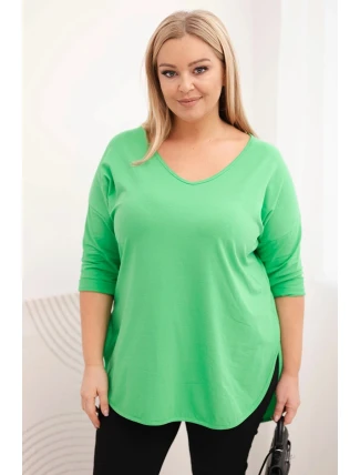 Dámská bavlněná blůza Plus Size s výstřihem do V a ohrnutým rukávem světle zelená Dámská bavlněná blůza Plus Size s výstřihem do V a ohrnutým rukávem světle zelená