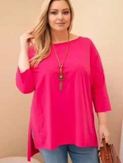 Dámská bavlněná blůza Plus Size asymetrická s náhrdelníkem fuchsiová
