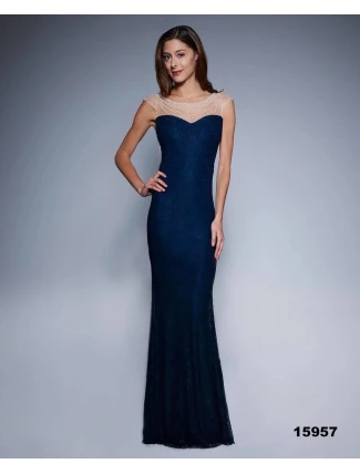 Dámské společenské šaty SOKY SOKA s perličkami a krajkou dlouhé tmavě modré - Tmavě modrá / XL - SOKY&SOKA