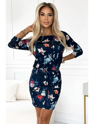 13-160 Sportovní šaty s kravatou - KVĚTINY na tmavě modrém pozadí
