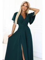 581-8 JENNIFER dlouhé šaty s rozparkem na nohou, rukávy a výstřihem - lahvově zelené