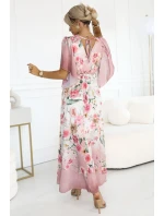 603-4 Vzdušné maxi šaty s obálkovým výstřihem a květinovým vzorem - PINK Roses