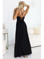 589-5 Maxi šaty bez ramínek s korzetovým zavazováním na zádech a rozparkem - černé 589-5 Maxi šaty bez ramínek s korzetovým zavazováním na zádech a rozparkem - černé