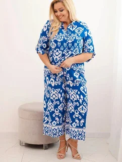 Dámská plus size viskózová souprava s geometrickým potiskem chrpová modrá