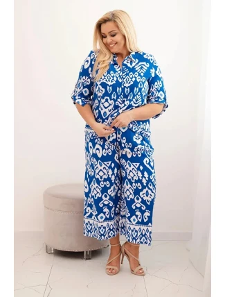 Dámská plus size viskózová souprava s geometrickým potiskem chrpová modrá