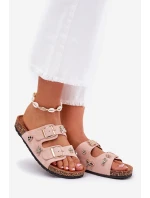 Dámské pantofle na korkové podrážce s sponami a ozdobami světle růžové Efadelis