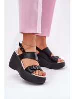 Kožené dámské sandály na platformě a podpatku S.Barski LR51-540 černé