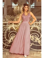 LEA - Dlouhé dámské šaty v barvě taupe bez rukávů, s vyšívaným výstřihem 215-5