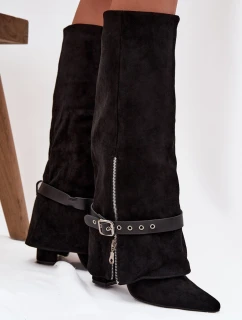 Dámské kozačky na podpatku s ozdobným páskem černé Jolivine