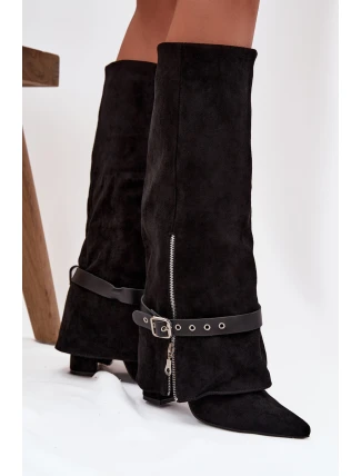Dámské kozačky na podpatku s ozdobným páskem černé Jolivine