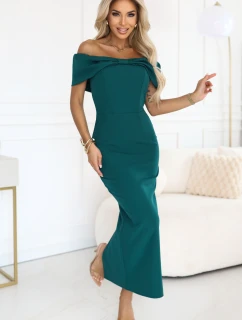 644-1 Smyslné španělské šaty midi s mašlí ve výstřihu - lahvově zelené
