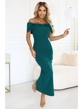 644-1 Smyslné španělské šaty midi s mašlí ve výstřihu - lahvově zelené