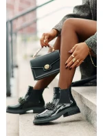 Kožené Lakované Botky S Dekorací Nazouvací Zateplené Černé Solimav