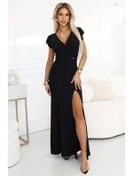598-1 IRINA oslnivé dlouhé šaty s brokátem, obálkovým výstřihem a rozparkem na nohou - černé