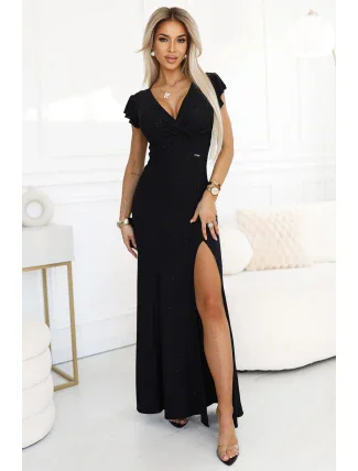 598-1 IRINA oslnivé dlouhé šaty s brokátem, obálkovým výstřihem a rozparkem na nohou - černé