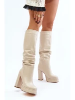 Nazouvací kozačky na podpatku a platformě s nařasením zateplené světle béžové Beridra