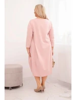 Dámská bavlněná šaty Plus Size s ohrnutým rukávem a kapsami pudrově růžová