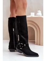 Semišové Kozačky Kovbojky Na Nízkém Podpatku S Dekorací Zazoo 3656 Černé