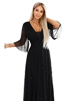 654-5 Dlouhé lesklé plus size šaty s výstřihem a průhlednými rukávy - černé