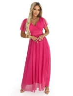 562-9 NASTIA Dlouhé šaty s výstřihem, kosticemi a krátkými rukávy - malinový sorbet