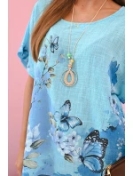 Dámská bavlněná košile s motýly a květinami tyrkys