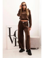 Dámský teplákový komplet z veluru se širokými nohavicemi a mikinou s kapucí hnědý