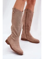 Dámské kozačky na nízkém podpatku s perforovaným vzorem S.Barski – béžové, eko kůže