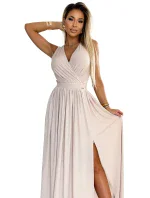 362-8 JUSTINE Dlouhé šaty se srdíčkovým výstřihem a zavazováním na zádech - béžové se třpytkami