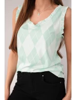 Dámská viskózová bezrukávová blůza s kosočtverci a volánkem u výstřihu mentolová