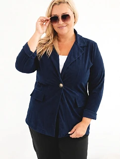 Dámské sako Plus Size manšestrové s klopami a kapsami modrá