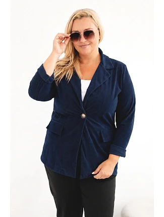 Dámské sako Plus Size manšestrové s klopami a kapsami modrá Dámské sako Plus Size manšestrové s klopami a kapsami modrá