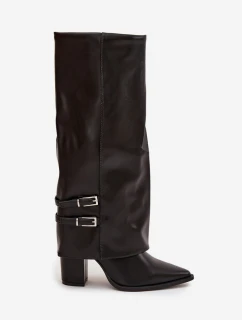 Dámské kotníkové boty Jessae na sloupkovém podpatku se zahnutou manžetou a sponami – černé