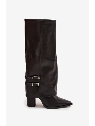 Dámské kotníkové boty Jessae na sloupkovém podpatku se zahnutou manžetou a sponami – černé