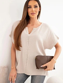 Dámská bavlněná mušelínová oversize halenka s výstřihem do V a krajkou béžová