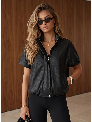 Dámská kožená bunda s krátkými rukávy, černá, FashionStreet TY6063 Dámská kožená bunda s krátkými rukávy, černá, FashionStreet TY6063