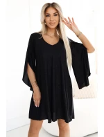 597-1 LIVIA Elegantní trapézové šaty s motýlími rukávy - černé s brokátem